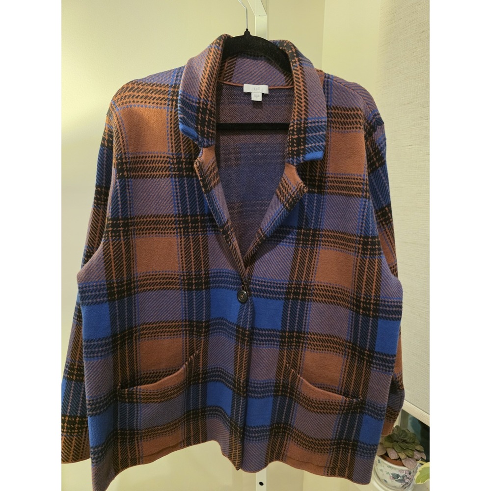 J Jill Tartan Plaid Knit Blazer Jacket Blue Rust Fall Business Casual Women 2X
